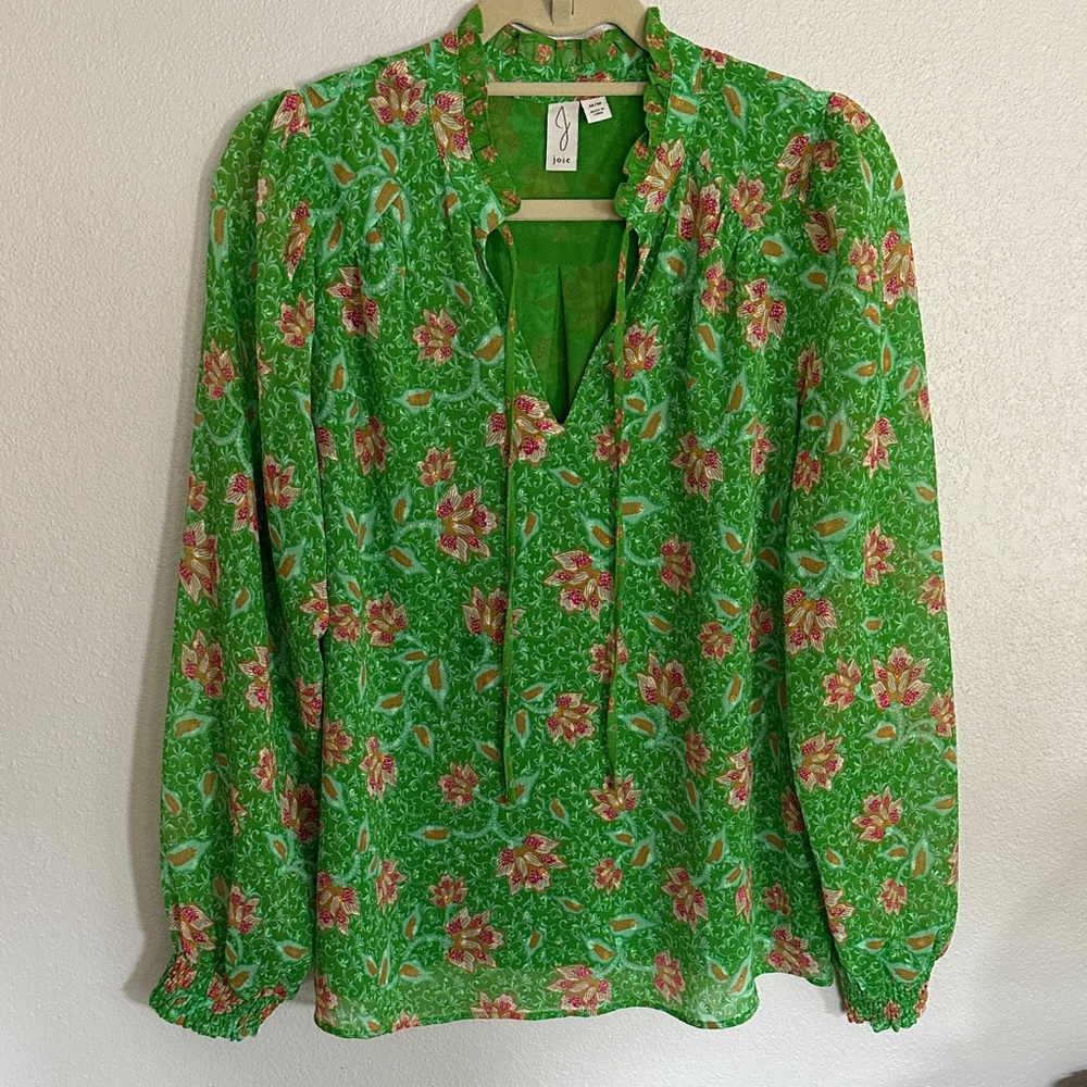 Joie Green Floral Tie-Neck Long-Sleeve Blouse